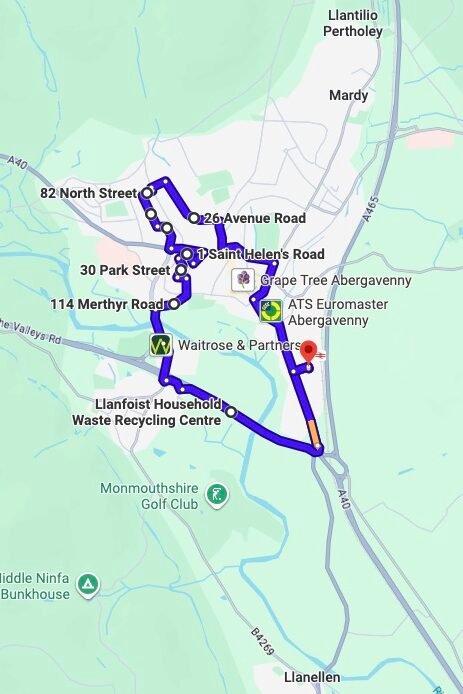 Abergavenny driving test routes map UK showing DVSA test routes, real exam roads, key junctions, roundabouts and roads used in the driving test