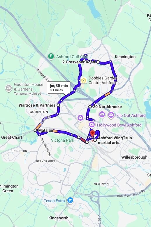 Ashford (Kent) driving test routes map UK showing DVSA test routes, real exam roads, key junctions, roundabouts and roads used in the driving test