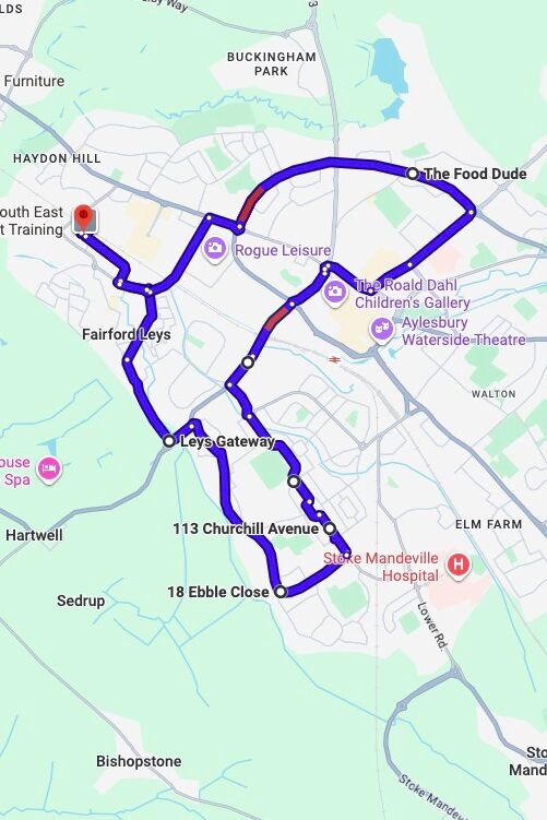 Aylesbury driving test routes map UK showing DVSA test routes, real exam roads, key junctions, roundabouts and roads used in the driving test