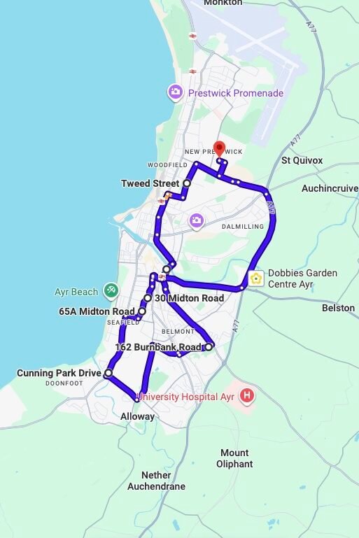 Ayr driving test routes map UK showing DVSA test routes, real exam roads, key junctions, roundabouts and roads used in the driving test