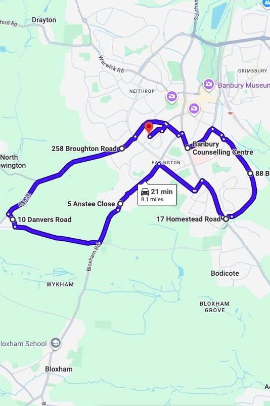 Banbury driving test routes map UK showing DVSA test routes, real exam roads, key junctions, roundabouts and roads used in the driving test