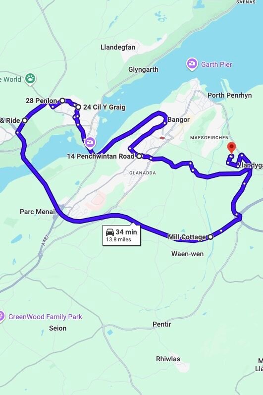 Bangor driving test routes map UK showing DVSA test routes, real exam roads, key junctions, roundabouts and roads used in the driving test