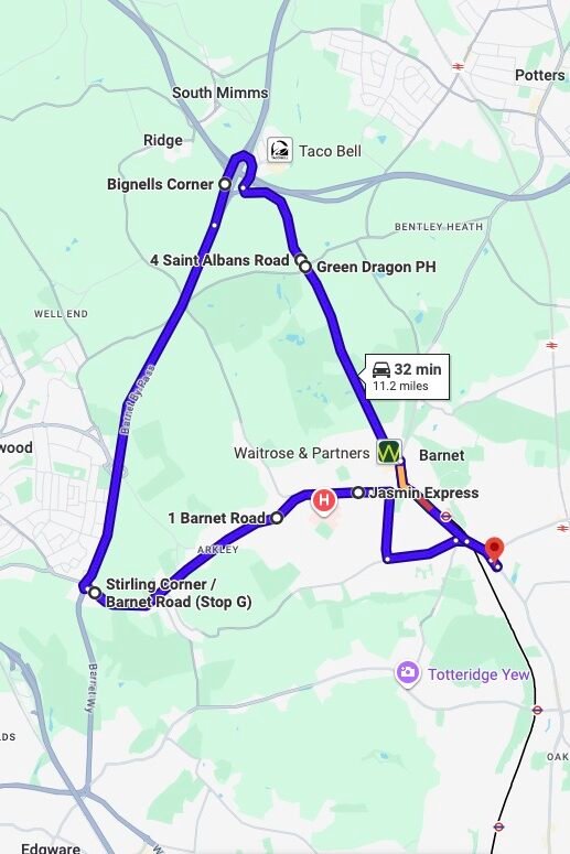 Barnet (London) driving test routes map UK showing DVSA test routes, real exam roads, key junctions, roundabouts and roads used in the driving test