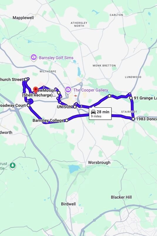 Barnsley driving test routes map UK showing DVSA test routes, real exam roads, key junctions, roundabouts and roads used in the driving test
