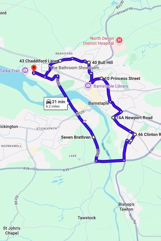 Barnstaple driving test routes map UK showing DVSA test routes, real exam roads, key junctions, roundabouts and roads used in the driving test