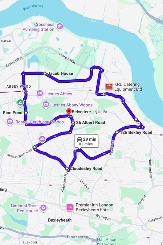Belvedere (London) driving test routes map UK showing DVSA test routes, real exam roads, key junctions, roundabouts and roads used in the driving test
