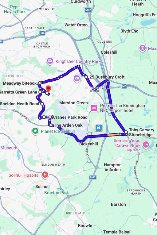 Birmingham (Garretts Green) driving test routes map UK showing DVSA test routes, real exam roads, key junctions, roundabouts and roads used in the driving test