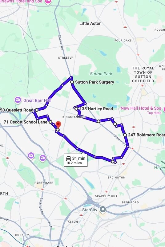 Birmingham (Kingstanding) driving test routes map UK showing DVSA test routes, real exam roads, key junctions, roundabouts and roads used in the driving test
