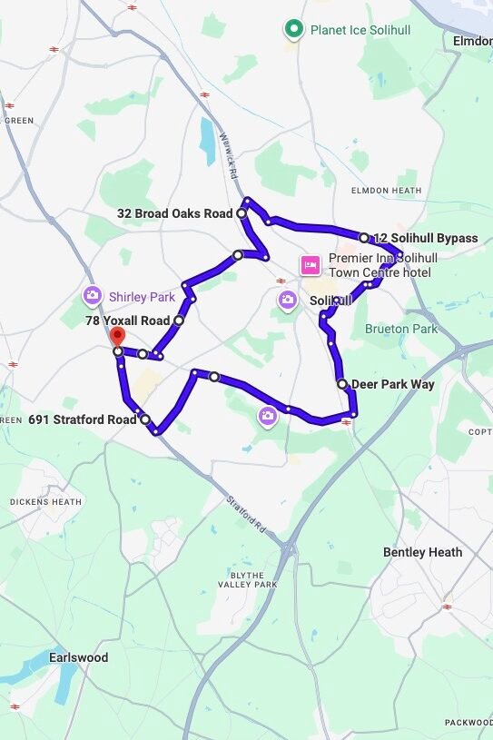 Birmingham (Shirley) driving test routes map UK showing DVSA test routes, real exam roads, key junctions, roundabouts and roads used in the driving test