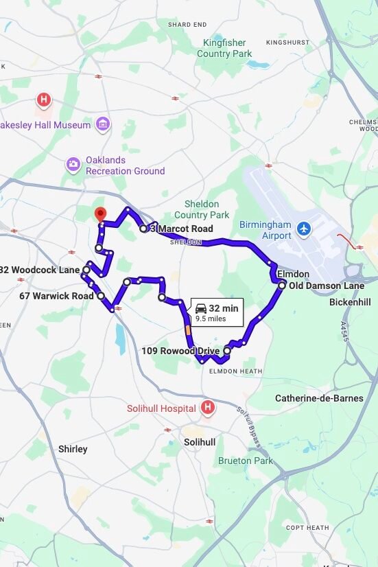 Birmingham (South Yardley) driving test routes map UK showing DVSA test routes, real exam roads, key junctions, roundabouts and roads used in the driving test