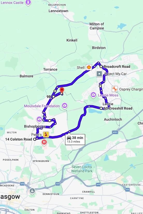 Bishopbriggs driving test routes map UK showing DVSA test routes, real exam roads, key junctions, roundabouts and roads used in the driving test