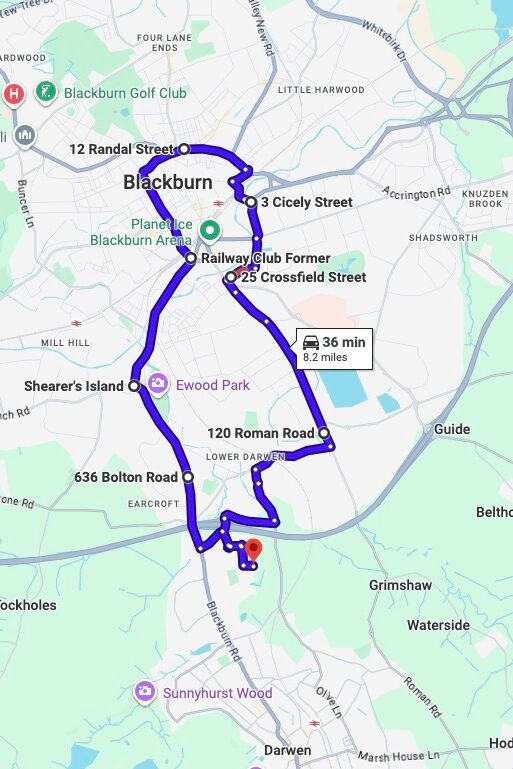 Blackburn with Darwen driving test routes map UK showing DVSA test routes, real exam roads, key junctions, roundabouts and roads used in the driving test