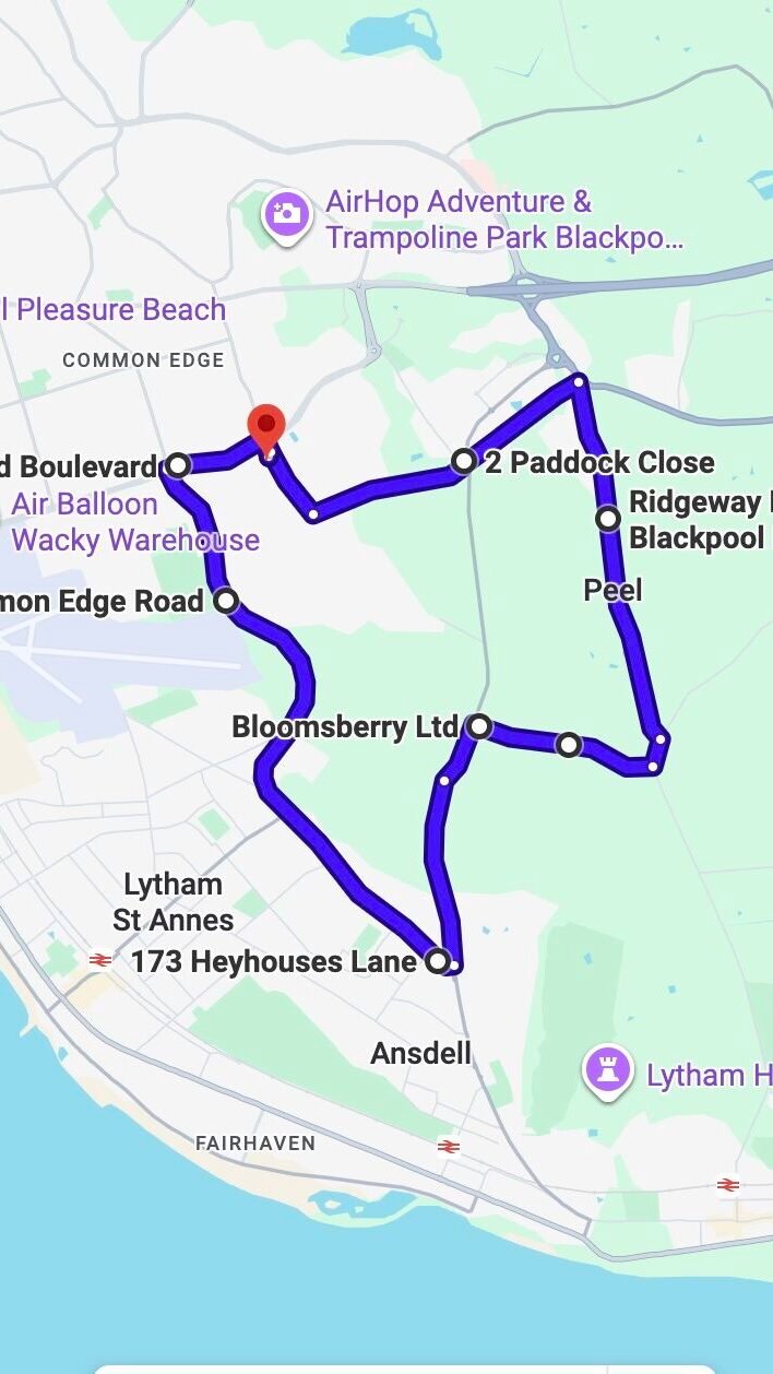 Blackpool driving test routes map UK showing DVSA test routes, real exam roads, key junctions, roundabouts and roads used in the driving test