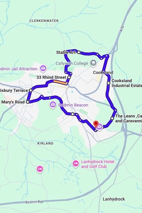 Bodmin driving test routes map UK showing DVSA test routes, real exam roads, key junctions, roundabouts and roads used in the driving test