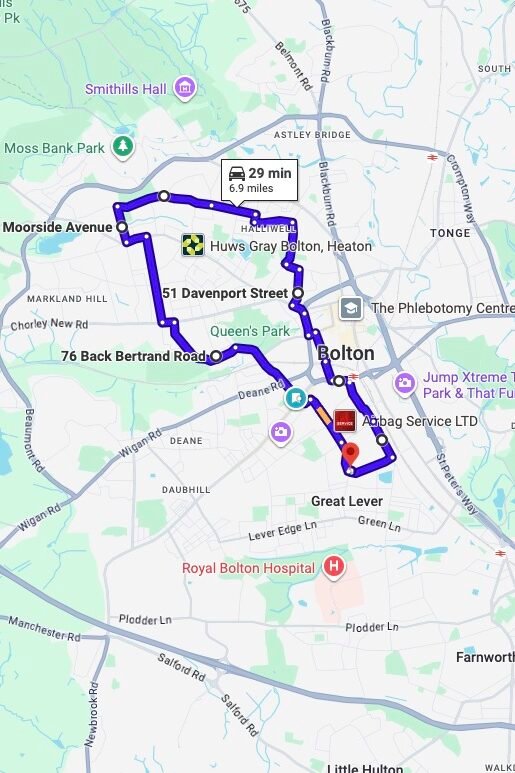 Bolton driving test routes map UK showing DVSA test routes, real exam roads, key junctions, roundabouts and roads used in the driving test