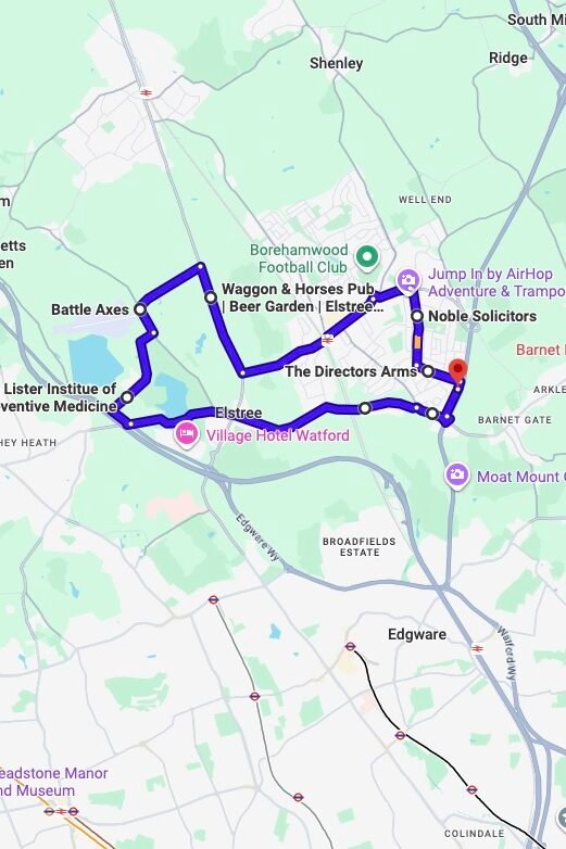 Borehamwood (London) driving test routes map UK showing DVSA test routes, real exam roads, key junctions, roundabouts and roads used in the driving test