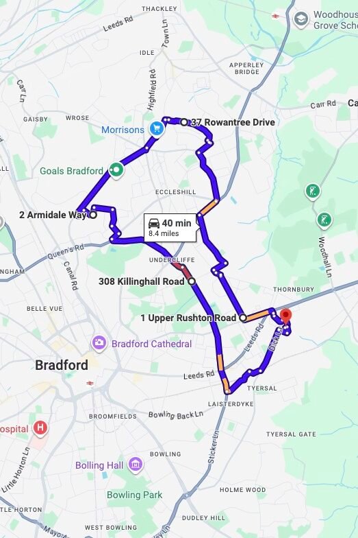 Bradford (Thornbury) driving test routes map UK showing DVSA test routes, real exam roads, key junctions, roundabouts and roads used in the driving test