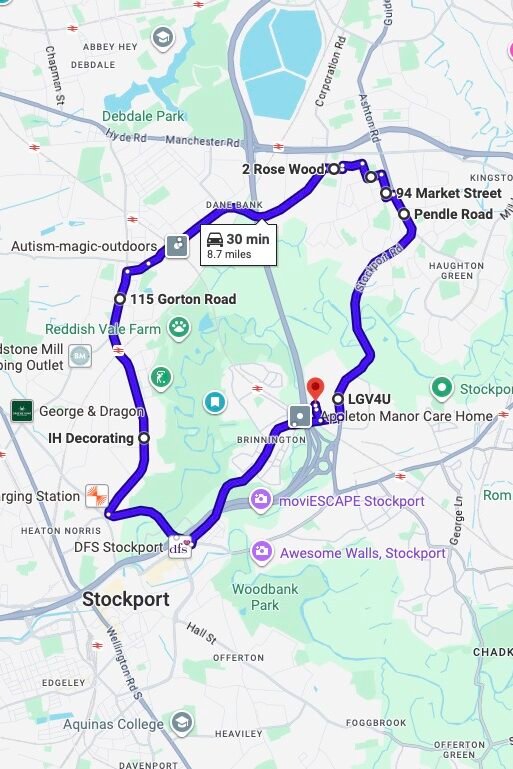 Bredbury driving test routes map UK showing DVSA test routes, real exam roads, key junctions, roundabouts and roads used in the driving test