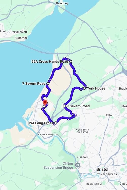 Bristol (Avonmouth) driving test routes map UK showing DVSA test routes, real exam roads, key junctions, roundabouts and roads used in the driving test