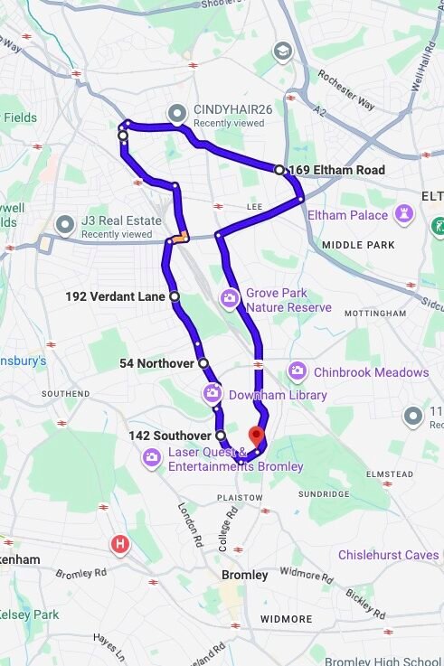 Bromley (London) driving test routes map UK showing DVSA test routes, real exam roads, key junctions, roundabouts and roads used in the driving test