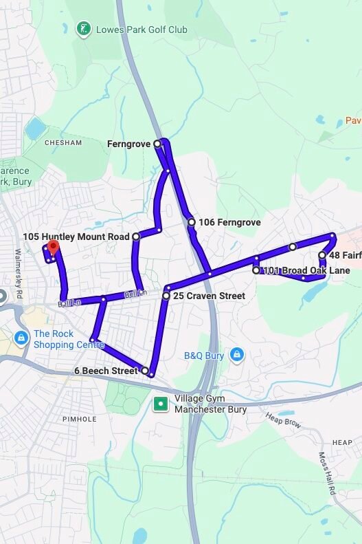 Bury driving test routes map UK showing DVSA test routes, real exam roads, key junctions, roundabouts and roads used in the driving test