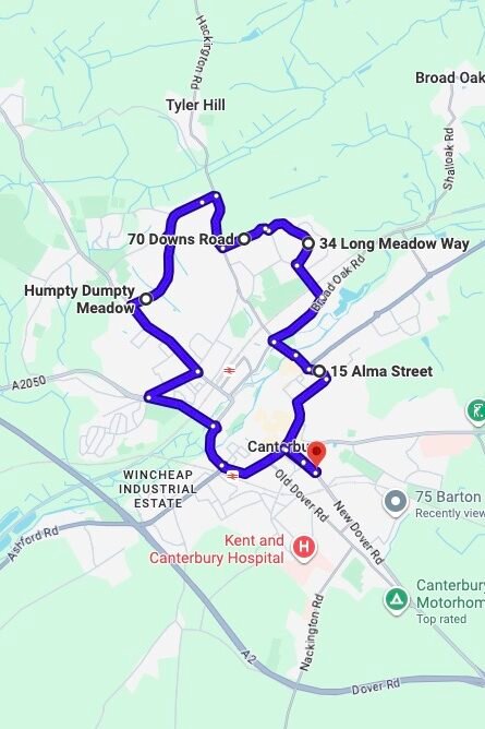 Canterbury driving test routes map UK showing DVSA test routes, real exam roads, key junctions, roundabouts and roads used in the driving test