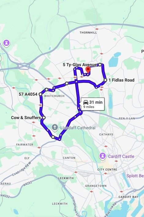 Cardiff (Llanishen) driving test routes map UK showing DVSA test routes, real exam roads, key junctions, roundabouts and roads used in the driving test
