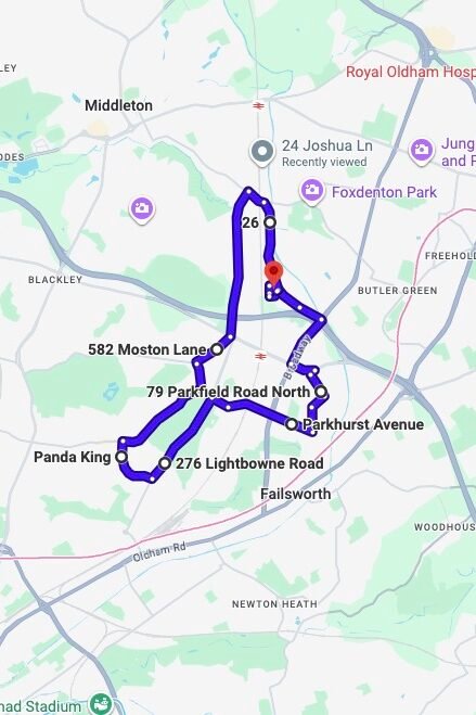 Chadderton driving test routes map UK showing DVSA test routes, real exam roads, key junctions, roundabouts and roads used in the driving test
