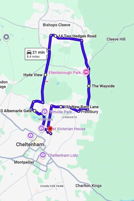 Cheltenham driving test routes map UK showing DVSA test routes, real exam roads, key junctions, roundabouts and roads used in the driving test
