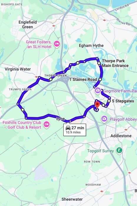 Chertsey (London) driving test routes map UK showing DVSA test routes, real exam roads, key junctions, roundabouts and roads used in the driving test