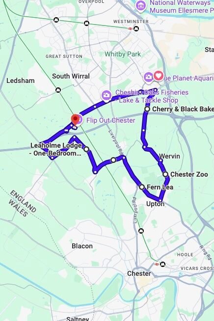 Chester driving test routes map UK showing DVSA test routes, real exam roads, key junctions, roundabouts and roads used in the driving test