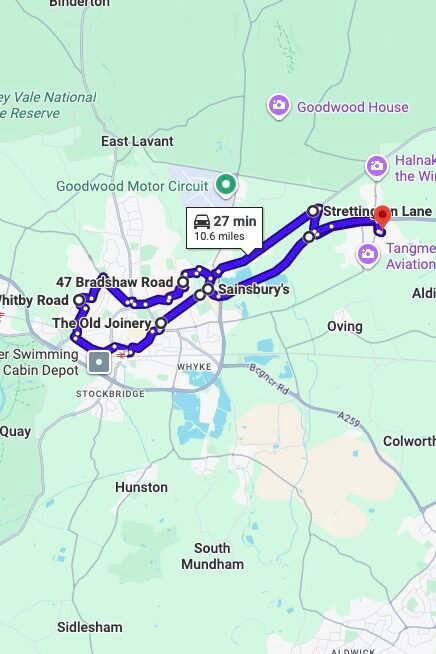 Chichester driving test routes map UK showing DVSA test routes, real exam roads, key junctions, roundabouts and roads used in the driving test