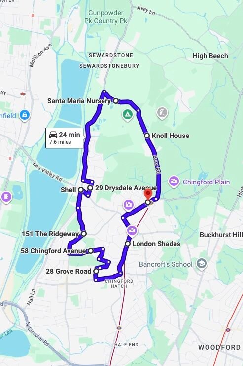 Chingford (London) driving test routes map UK showing DVSA test routes, real exam roads, key junctions, roundabouts and roads used in the driving test