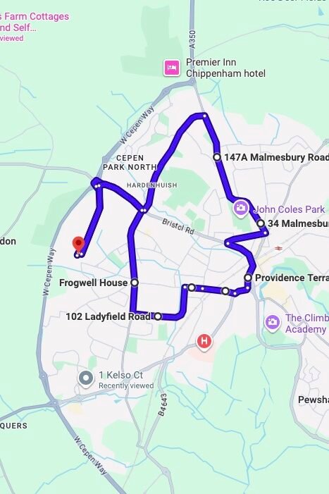 Chippenham driving test routes map UK showing DVSA test routes, real exam roads, key junctions, roundabouts and roads used in the driving test