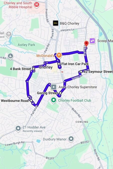 Chorley driving test routes map UK showing DVSA test routes, real exam roads, key junctions, roundabouts and roads used in the driving test