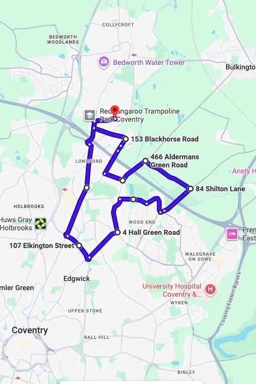 Coventry driving test routes map UK showing DVSA test routes, real exam roads, key junctions, roundabouts and roads used in the driving test