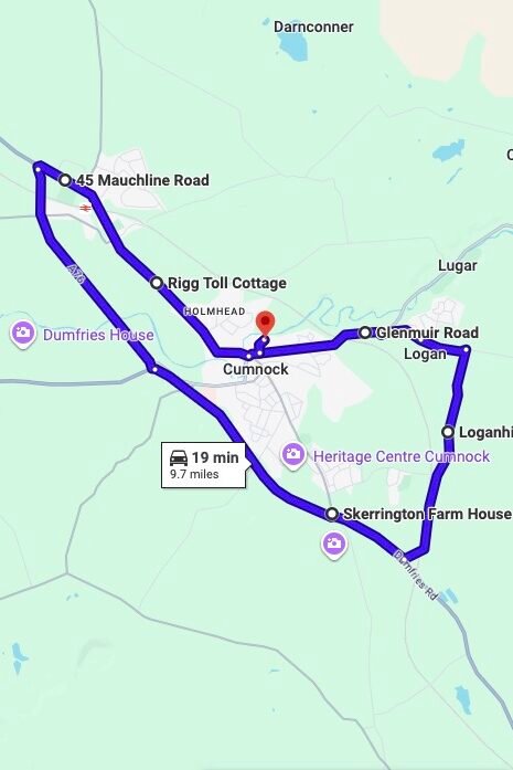 Cumnock driving test routes map UK showing DVSA test routes, real exam roads, key junctions, roundabouts and roads used in the driving test