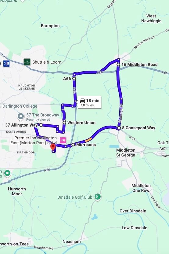 Darlington driving test routes map UK showing DVSA test routes, real exam roads, key junctions, roundabouts and roads used in the driving test