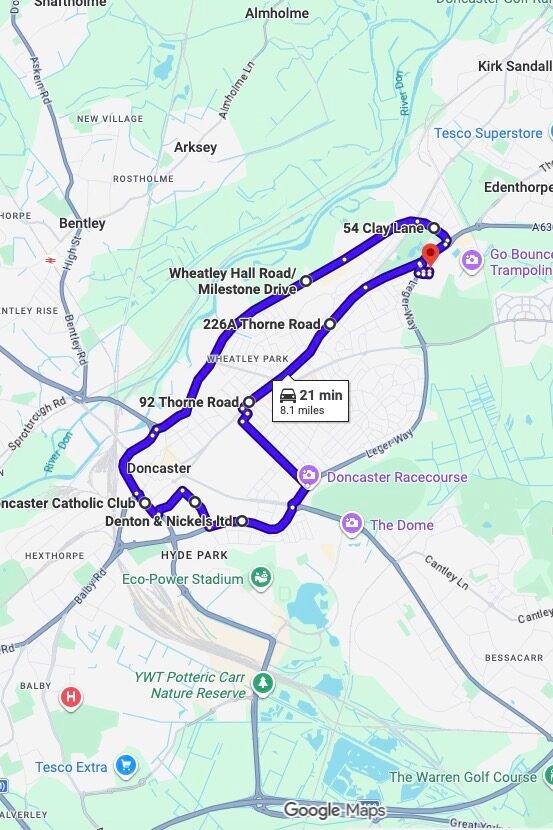 Doncaster driving test routes map UK showing DVSA test routes, real exam roads, key junctions, roundabouts and roads used in the driving test