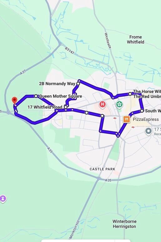 Dorchester driving test routes map UK showing DVSA test routes, real exam roads, key junctions, roundabouts and roads used in the driving test