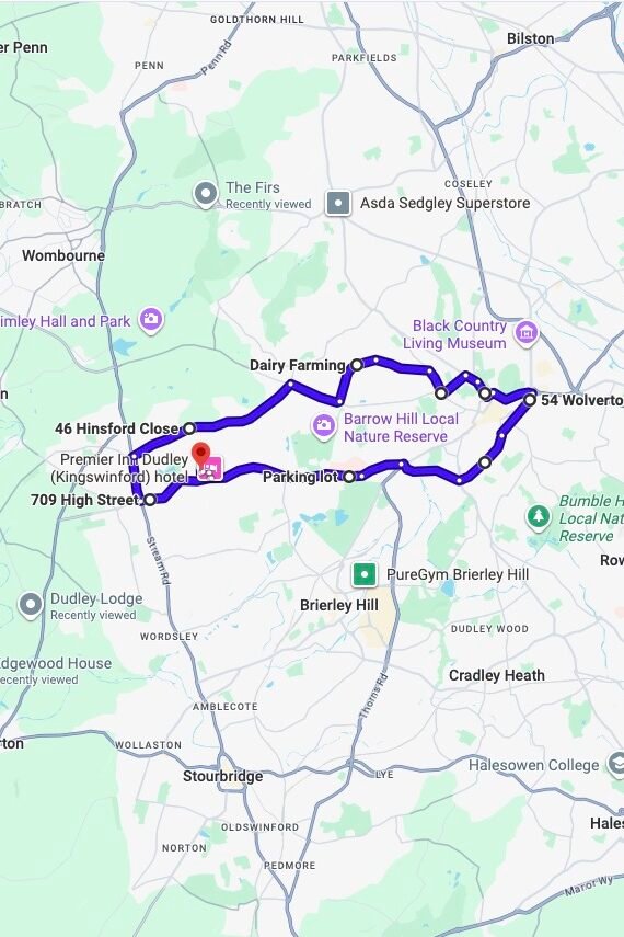 Dudley driving test routes map UK showing DVSA test routes, real exam roads, key junctions, roundabouts and roads used in the driving test