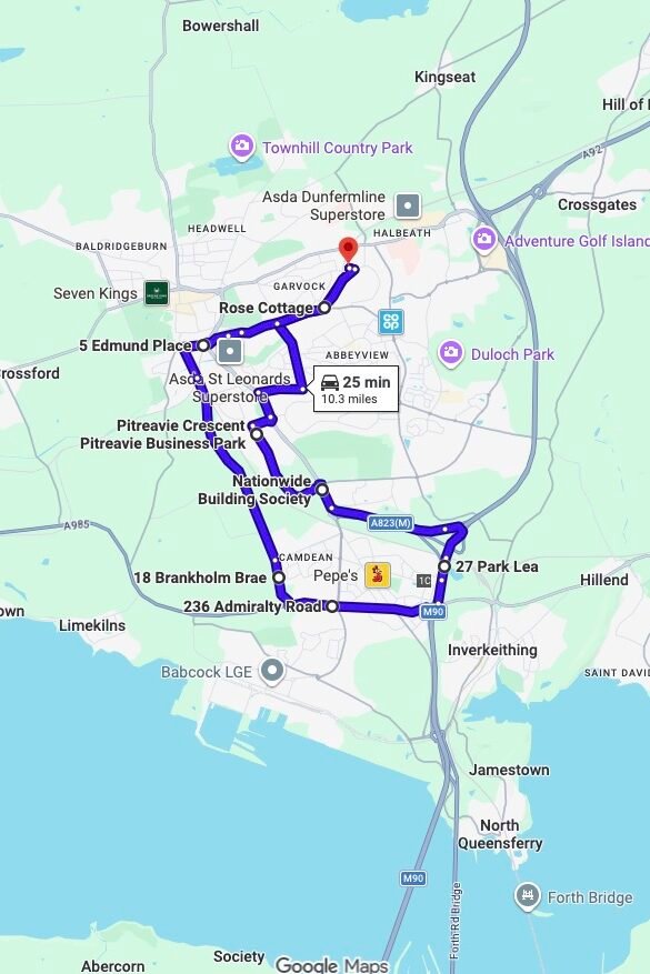 Dunfermline driving test routes map UK showing DVSA test routes, real exam roads, key junctions, roundabouts and roads used in the driving test