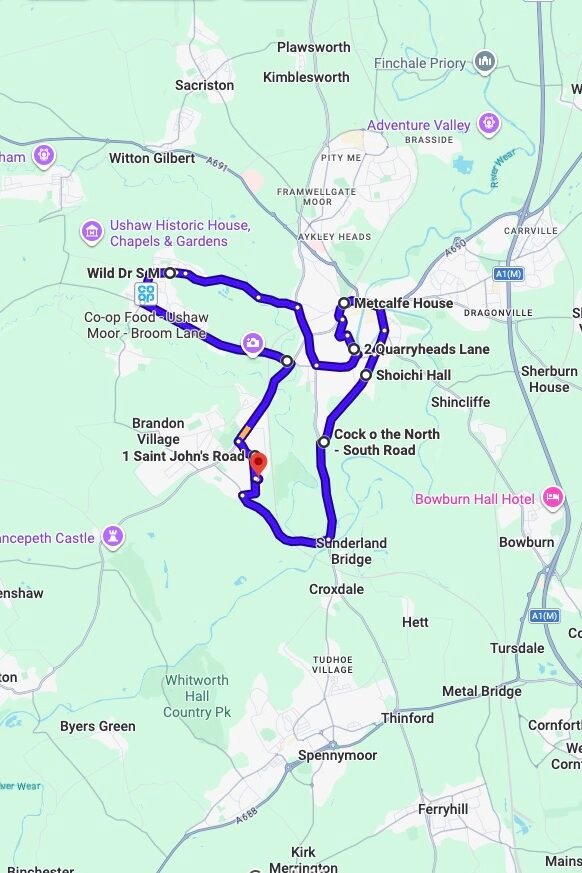 Durham driving test routes map UK showing DVSA test routes, real exam roads, key junctions, roundabouts and roads used in the driving test