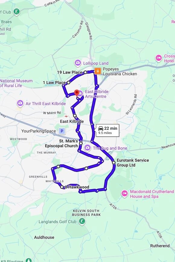 East Kilbride driving test routes map UK showing DVSA test routes, real exam roads, key junctions, roundabouts and roads used in the driving test