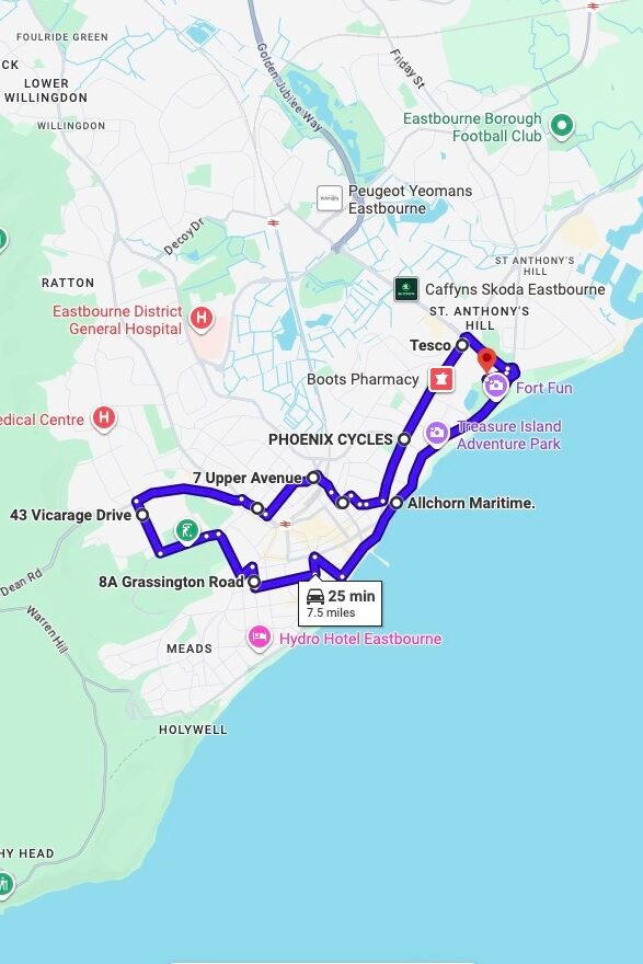 Eastbourne driving test routes map UK showing DVSA test routes, real exam roads, key junctions, roundabouts and roads used in the driving test