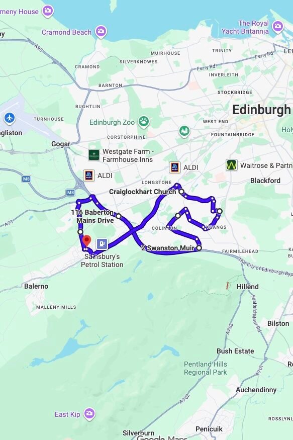 Edinburgh (Currie) driving test routes map UK showing DVSA test routes, real exam roads, key junctions, roundabouts and roads used in the driving test