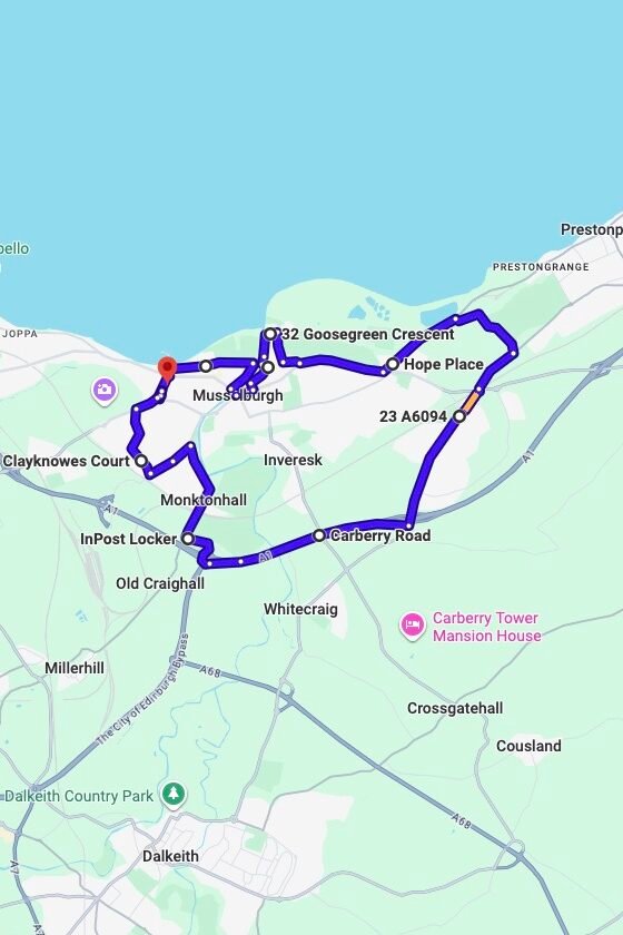 Edinburgh (Musselburgh) driving test routes map UK showing DVSA test routes, real exam roads, key junctions, roundabouts and roads used in the driving test