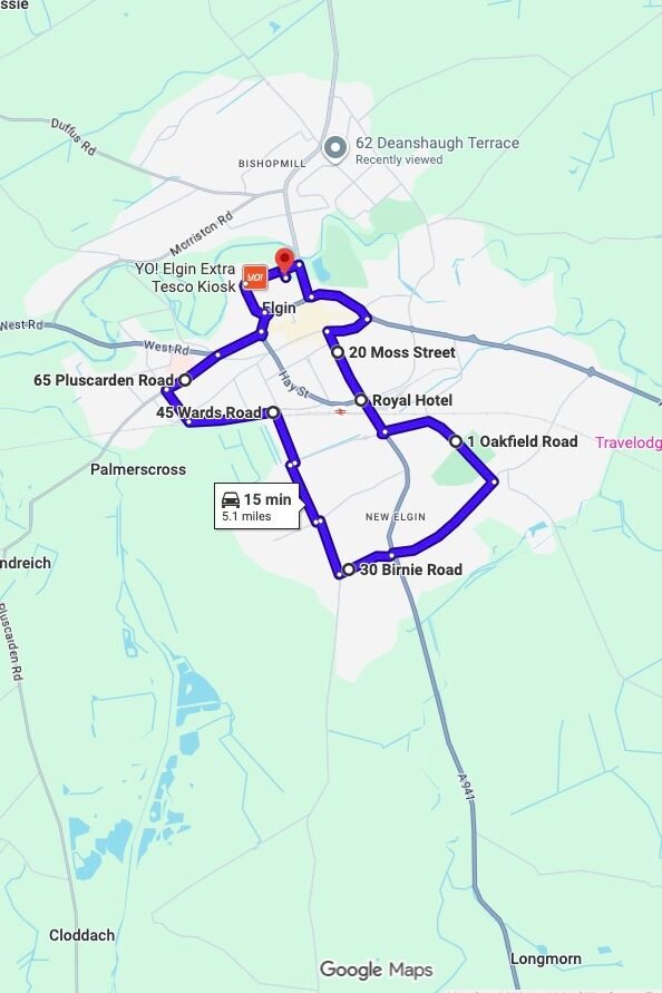 Elgin driving test routes map UK showing DVSA test routes, real exam roads, key junctions, roundabouts and roads used in the driving test