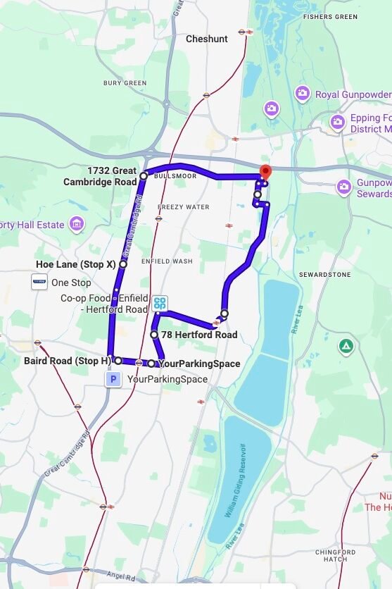 Enfield (Innova Business Park) driving test routes map UK showing DVSA test routes, real exam roads, key junctions, roundabouts and roads used in the driving test