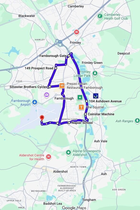Farnborough driving test routes map UK showing DVSA test routes, real exam roads, key junctions, roundabouts and roads used in the driving test